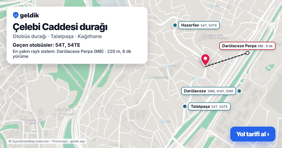 Çelebi Caddesi otobüs durağı haritada: konumu ve yakındaki duraklar