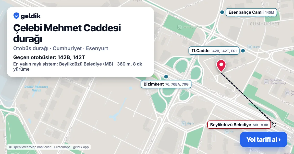 Çelebi Mehmet Caddesi otobüs durağı haritada: konumu ve yakındaki duraklar