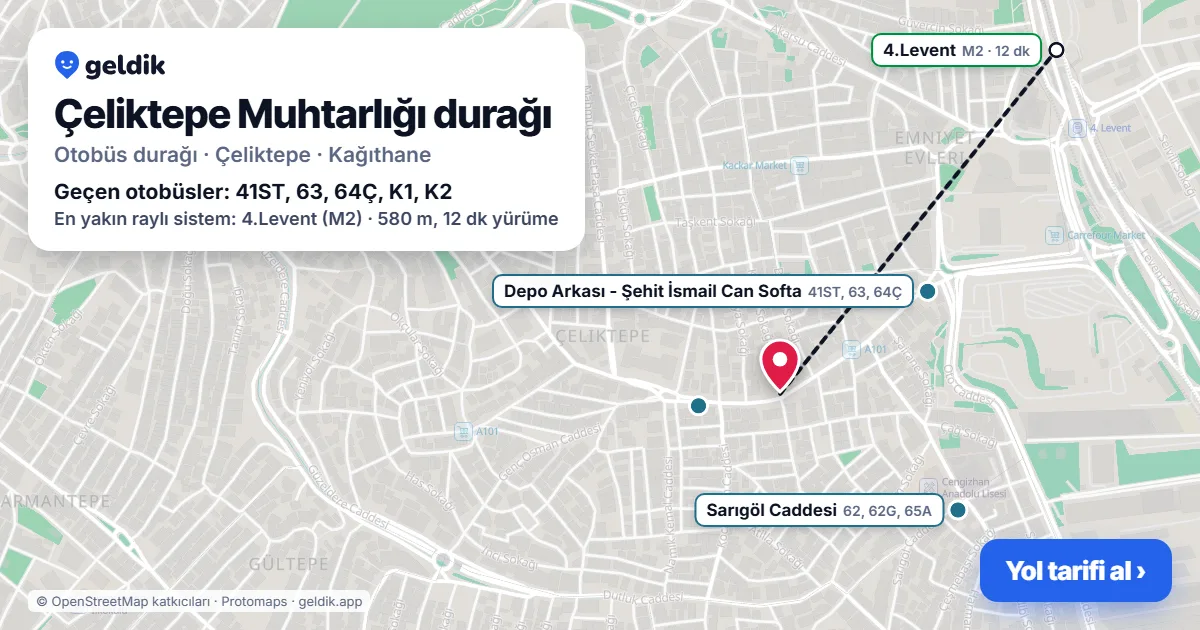 Çeliktepe Muhtarlığı otobüs durağı haritada: konumu ve yakındaki duraklar