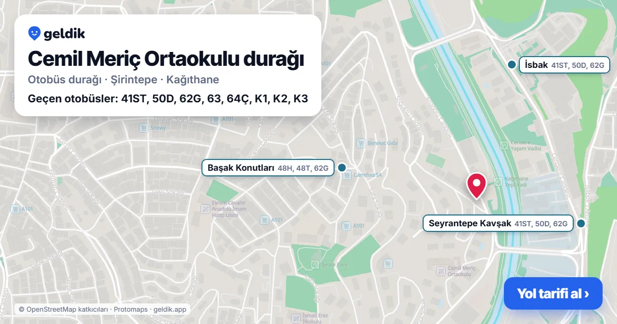 Cemil Meriç Ortaokulu otobüs durağı haritada: konumu ve yakındaki duraklar