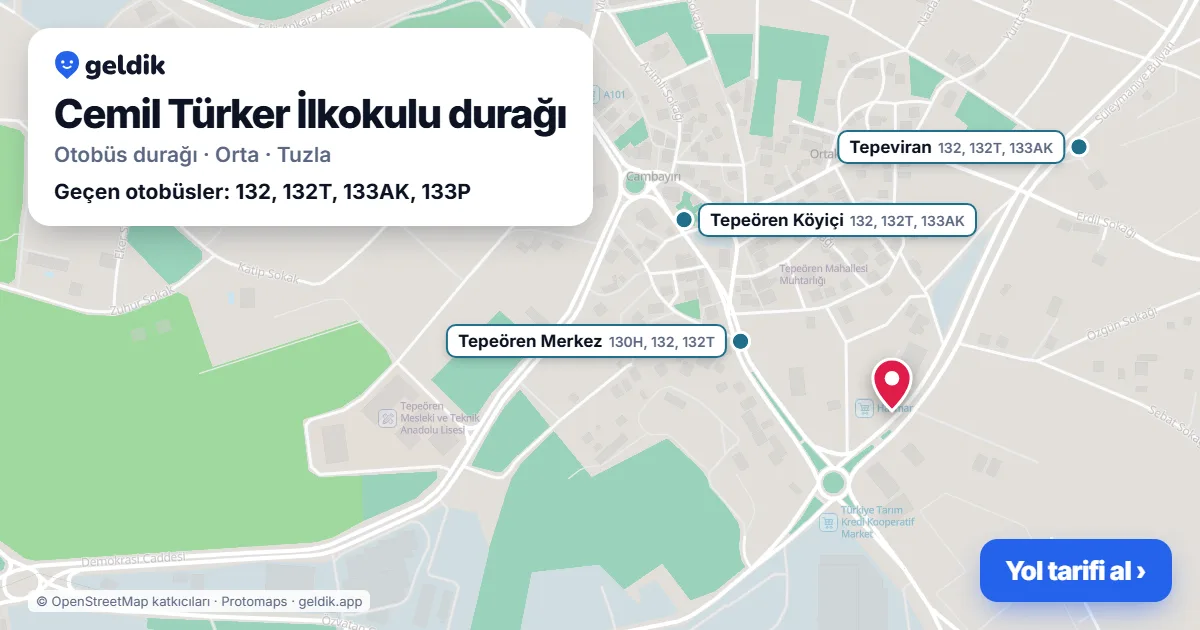 Cemil Türker İlkokulu otobüs durağı haritada: konumu ve yakındaki duraklar