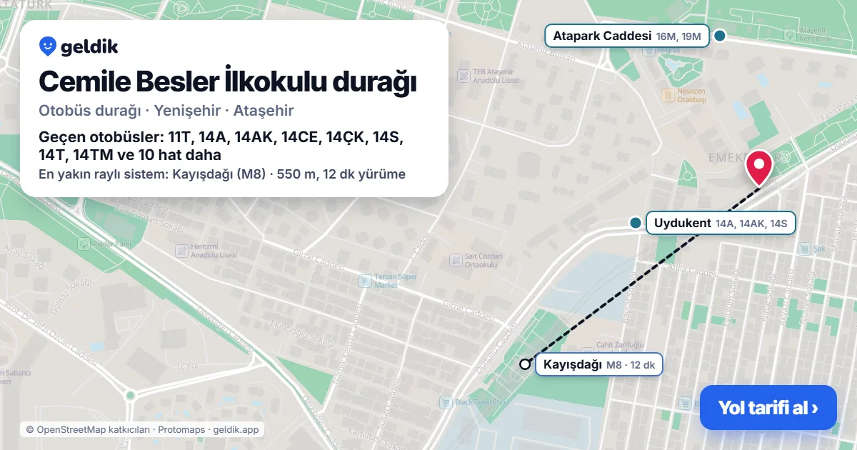Cemile Besler İlkokulu otobüs durağı haritada: konumu ve yakındaki duraklar