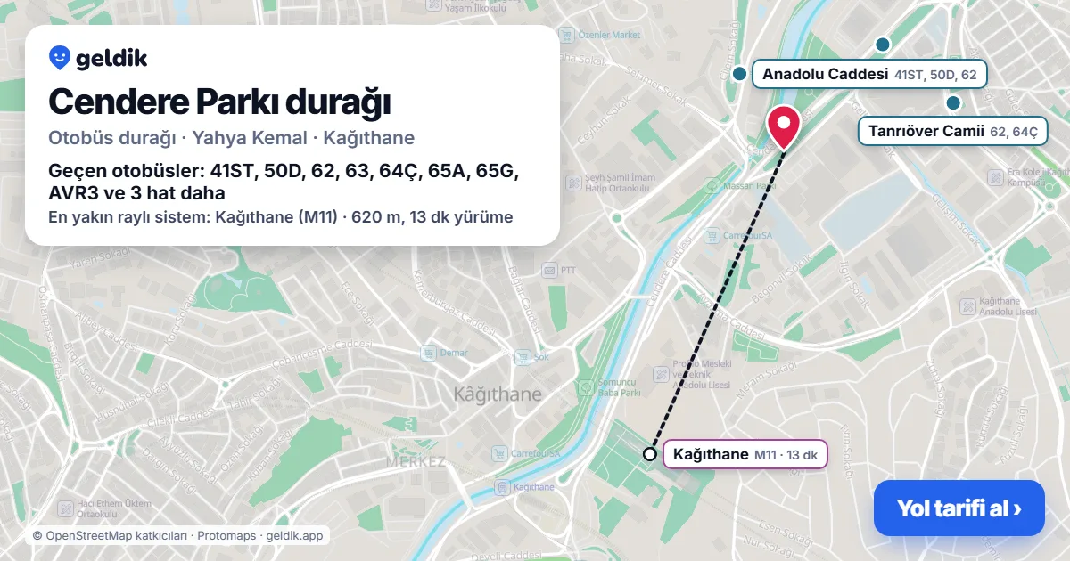 Cendere Parkı otobüs durağı haritada: konumu ve yakındaki duraklar