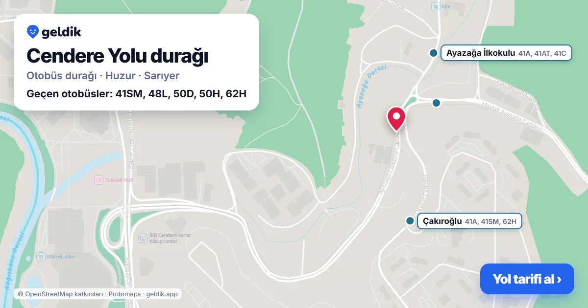 Cendere Yolu otobüs durağı haritada: konumu ve yakındaki duraklar
