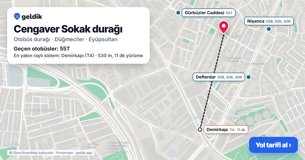 Cengaver Sokak otobüs durağı haritada: konumu ve yakındaki duraklar