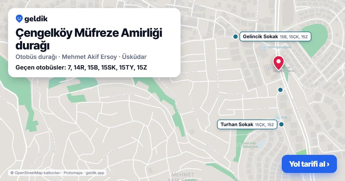 Çengelköy Müfreze Amirliği otobüs durağı haritada: konumu ve yakındaki duraklar