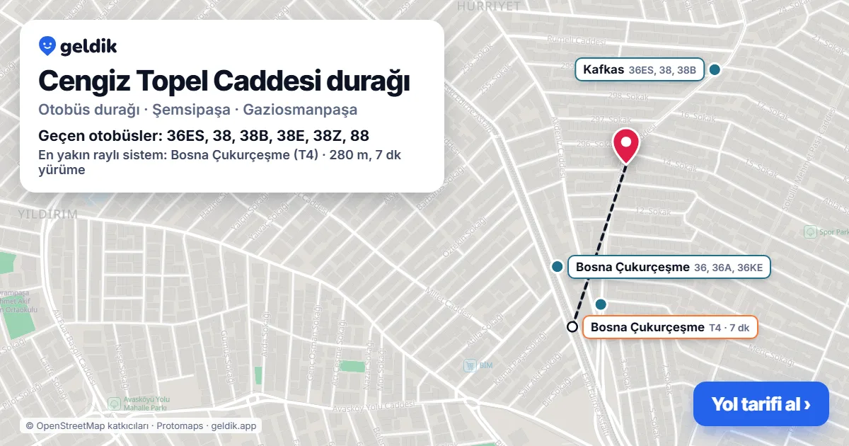 Cengiz Topel Caddesi otobüs durağı haritada: konumu ve yakındaki duraklar