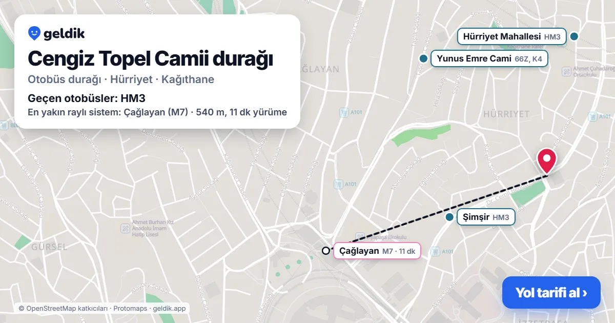 Cengiz Topel Camii otobüs durağı haritada: konumu ve yakındaki duraklar