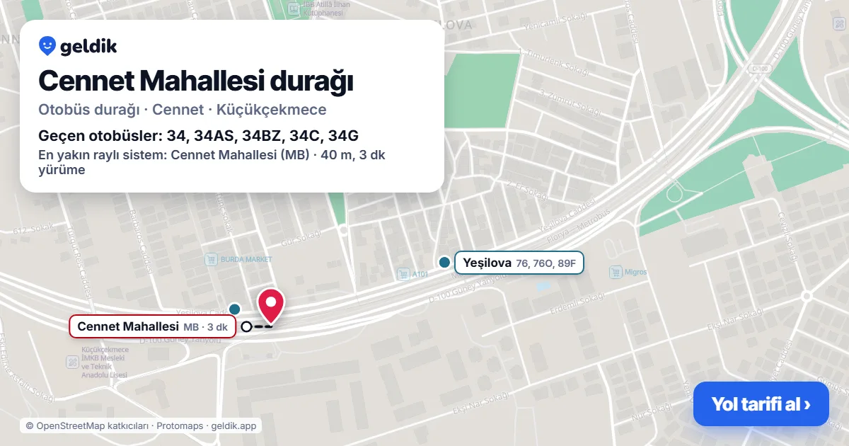 Cennet Mahallesi otobüs durağı haritada: konumu ve yakındaki duraklar