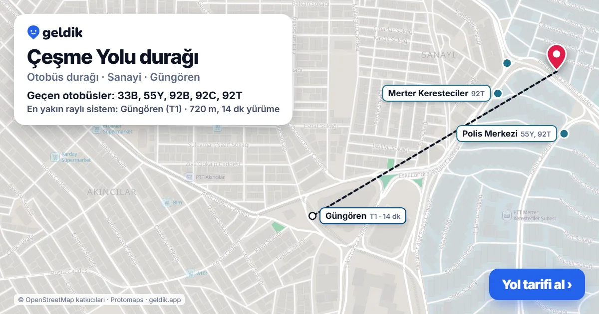 Çeşme Yolu otobüs durağı haritada: konumu ve yakındaki duraklar