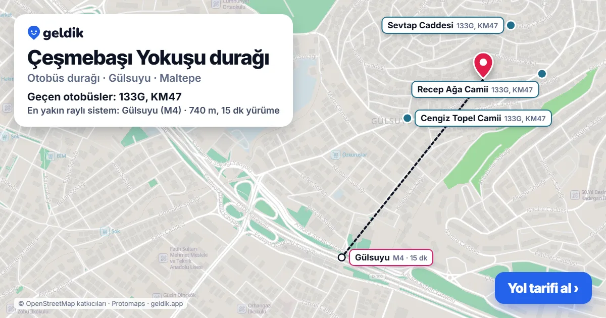 Çeşmebaşı Yokuşu otobüs durağı haritada: konumu ve yakındaki duraklar
