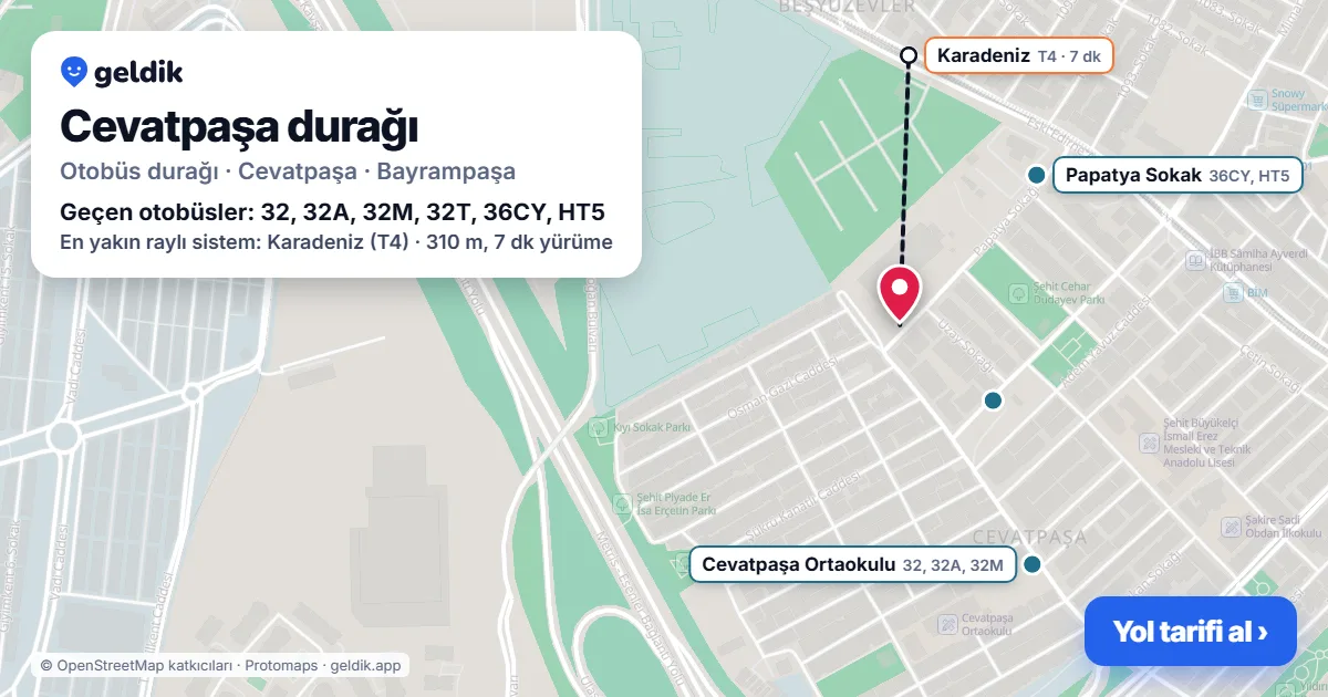 Cevatpaşa otobüs durağı haritada: konumu ve yakındaki duraklar