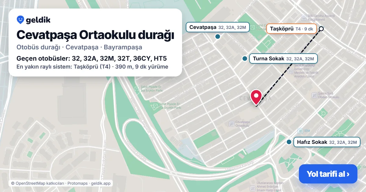 Cevatpaşa Ortaokulu otobüs durağı haritada: konumu ve yakındaki duraklar