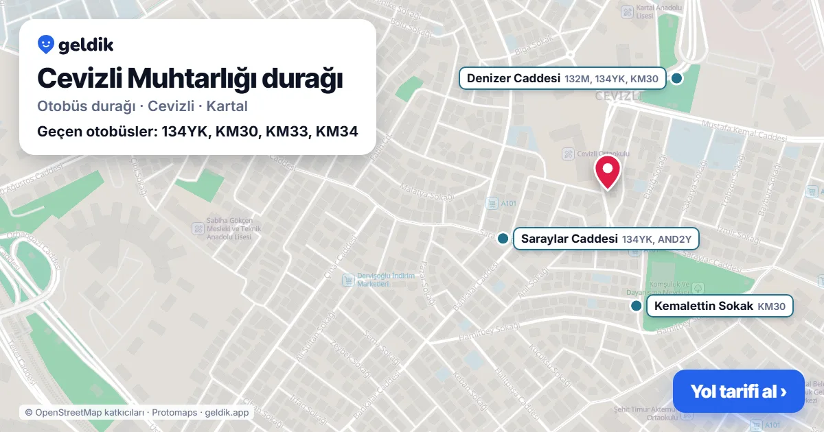 Cevizli Muhtarlığı otobüs durağı haritada: konumu ve yakındaki duraklar