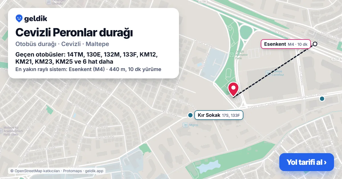Cevizli Peronlar otobüs durağı haritada: konumu ve yakındaki duraklar