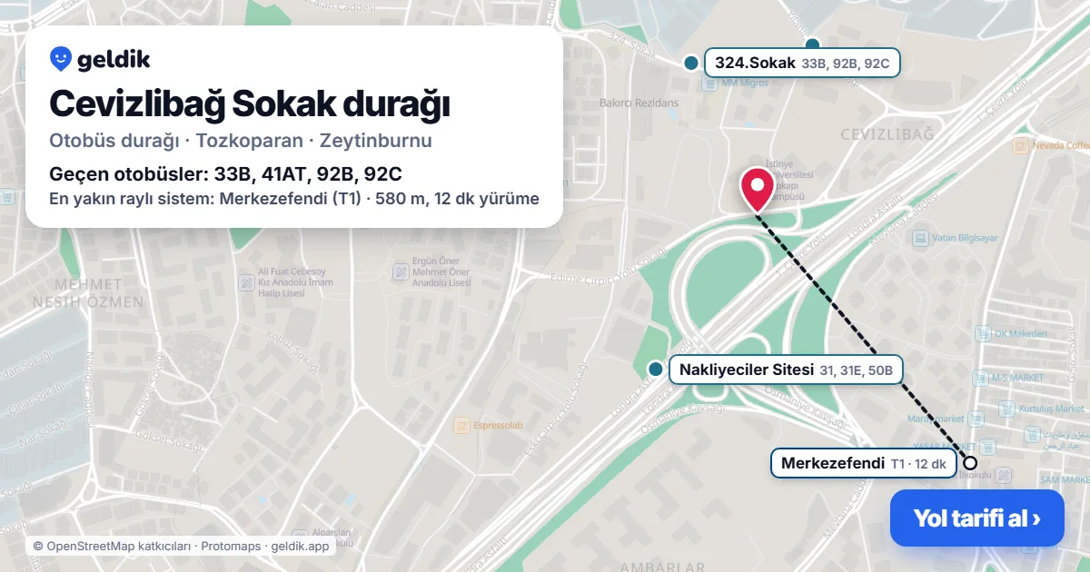 Cevizlibağ Sokak otobüs durağı haritada: konumu ve yakındaki duraklar