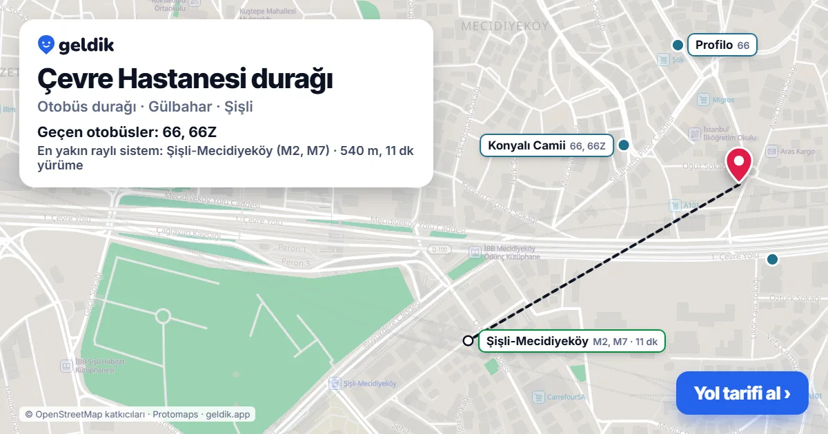 Çevre Hastanesi otobüs durağı haritada: konumu ve yakındaki duraklar