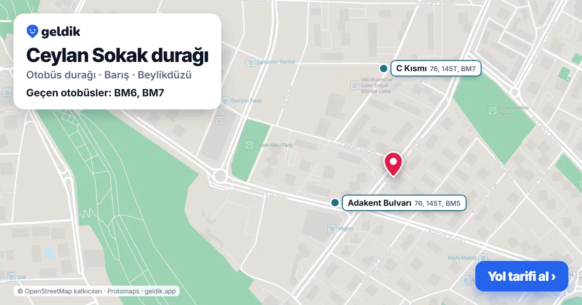 Ceylan Sokak otobüs durağı haritada: konumu ve yakındaki duraklar