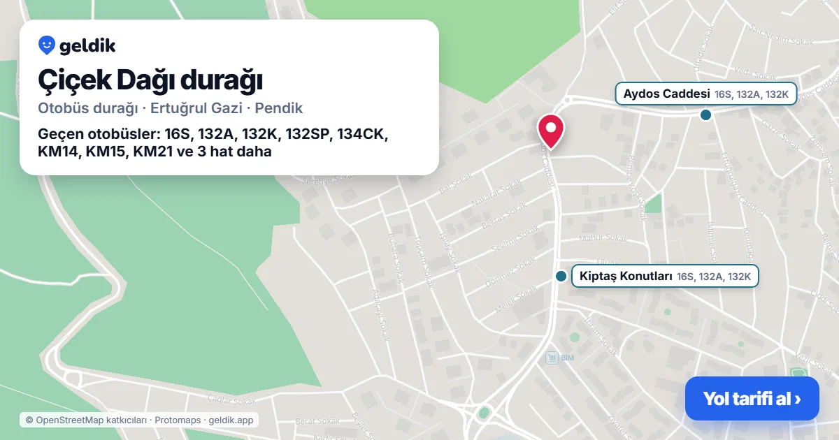 Çiçek Dağı otobüs durağı haritada: konumu ve yakındaki duraklar