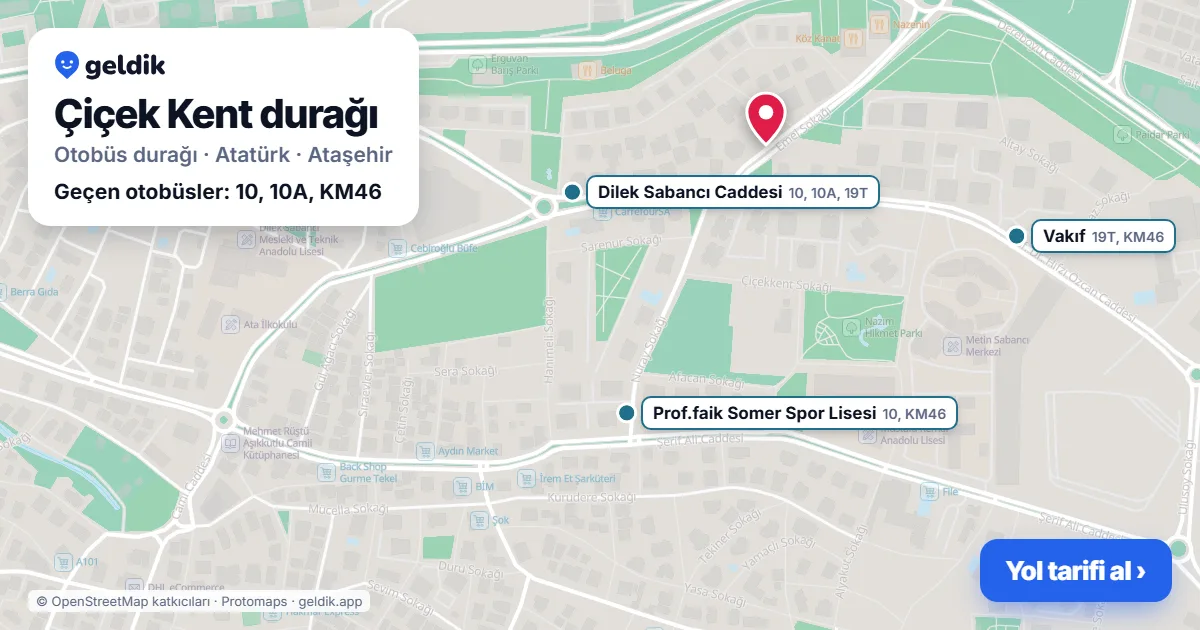 Çiçek Kent otobüs durağı haritada: konumu ve yakındaki duraklar