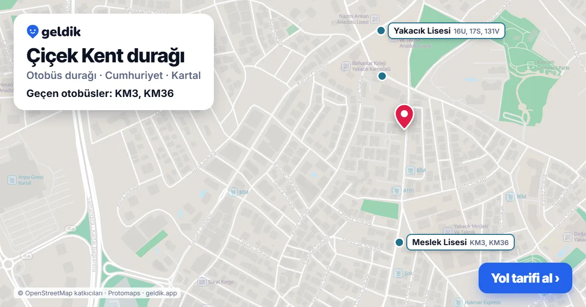 Çiçek Kent otobüs durağı haritada: konumu ve yakındaki duraklar