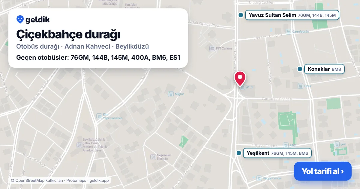 Çiçekbahçe otobüs durağı haritada: konumu ve yakındaki duraklar