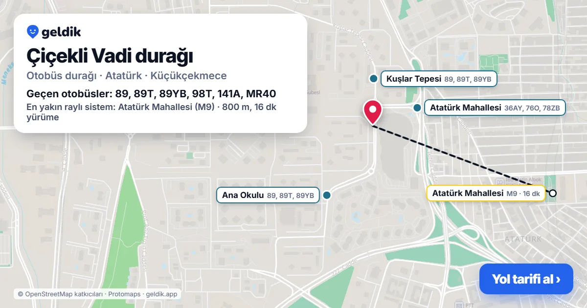Çiçekli Vadi otobüs durağı haritada: konumu ve yakındaki duraklar
