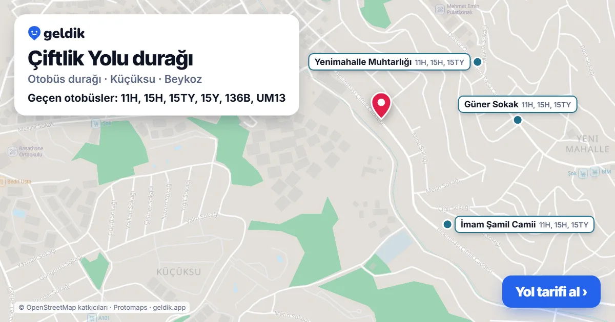 Çiftlik Yolu otobüs durağı haritada: konumu ve yakındaki duraklar