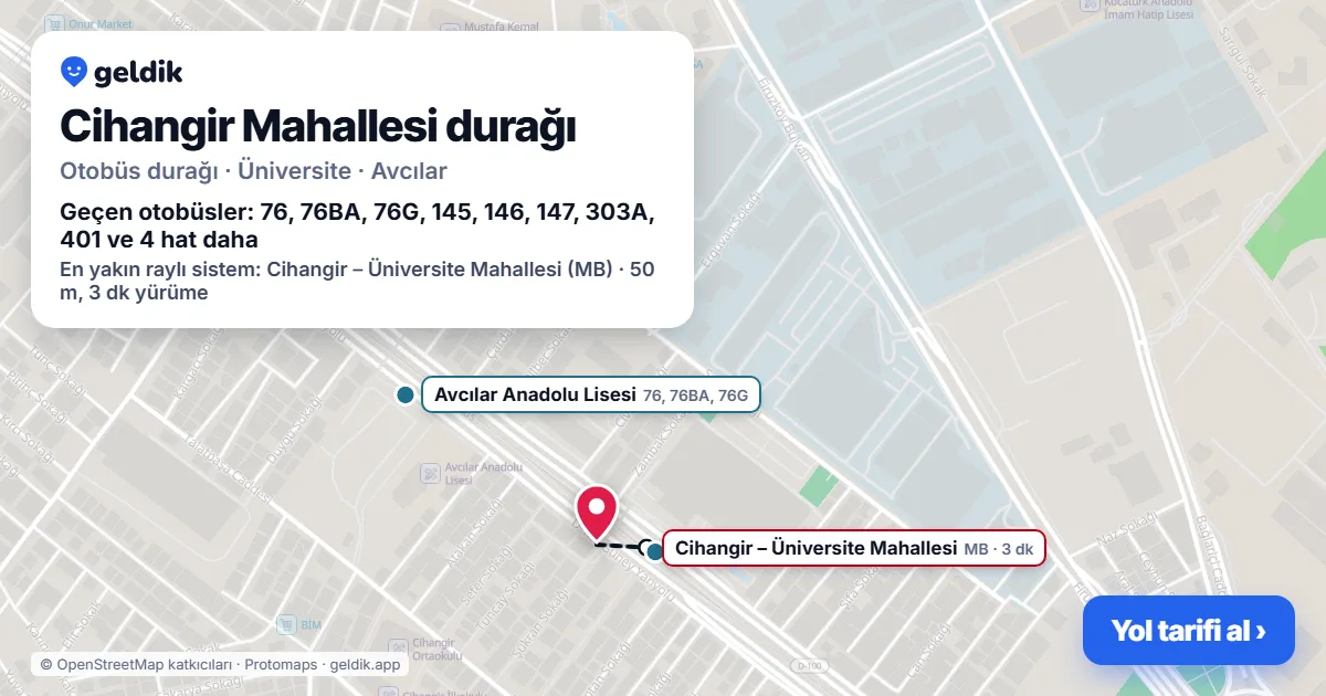 Cihangir Mahallesi otobüs durağı haritada: konumu ve yakındaki duraklar