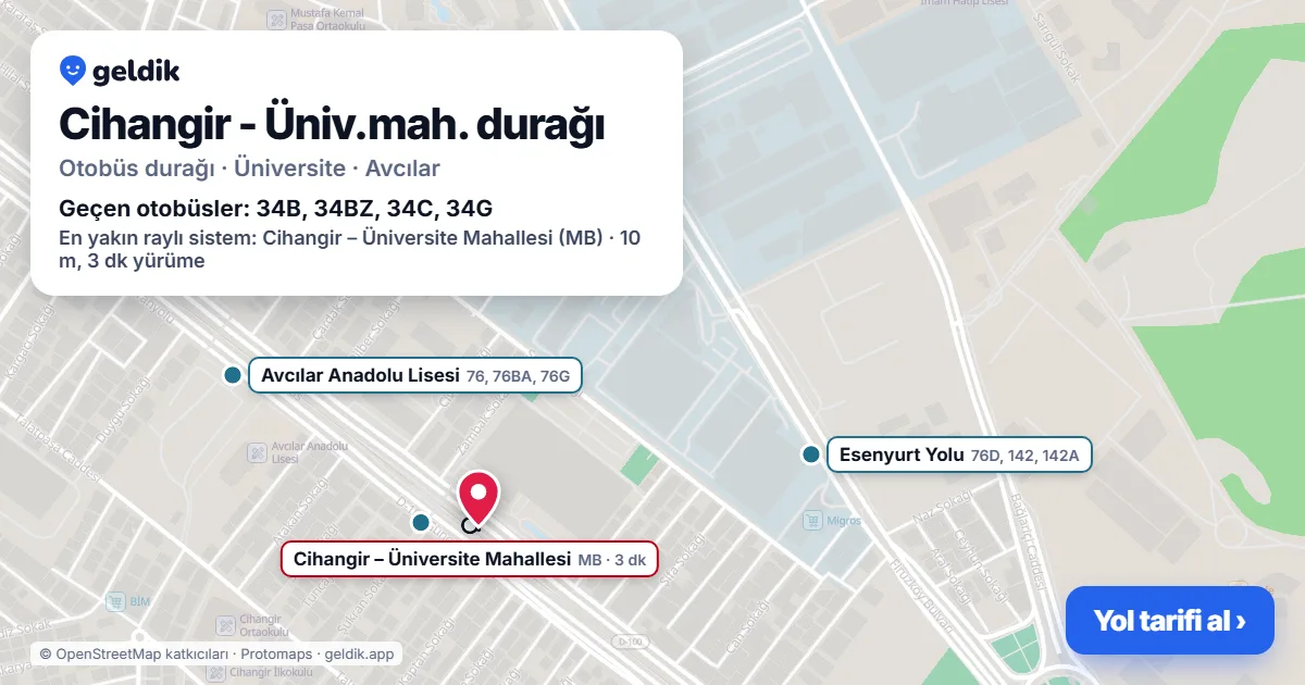 Cihangir - Üniv.mah. otobüs durağı haritada: konumu ve yakındaki duraklar
