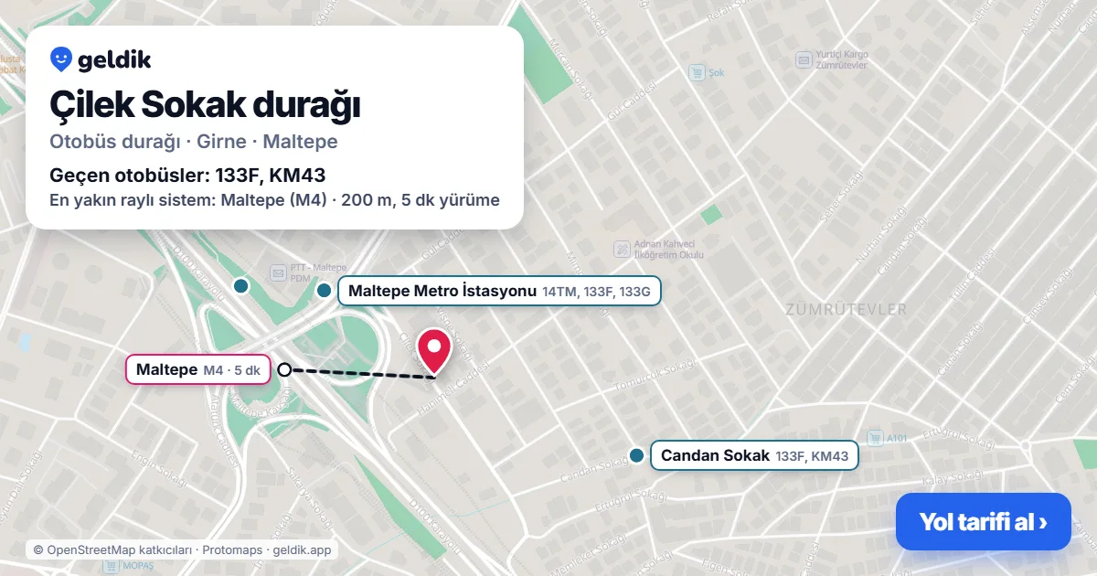 Çilek Sokak otobüs durağı haritada: konumu ve yakındaki duraklar