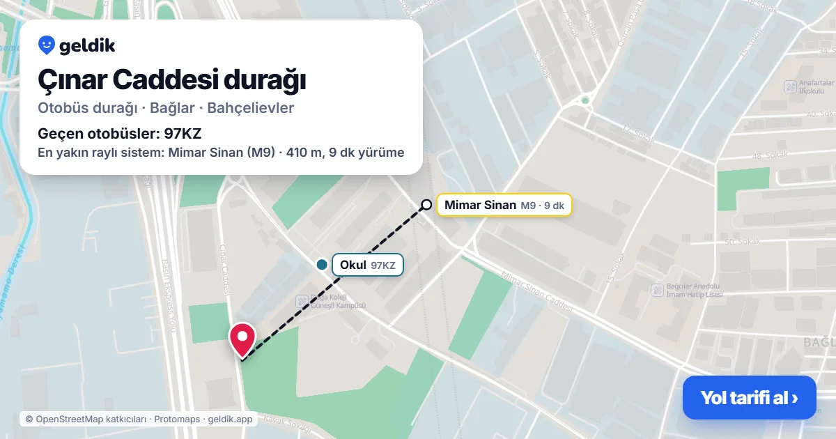 Çınar Caddesi otobüs durağı haritada: konumu ve yakındaki duraklar