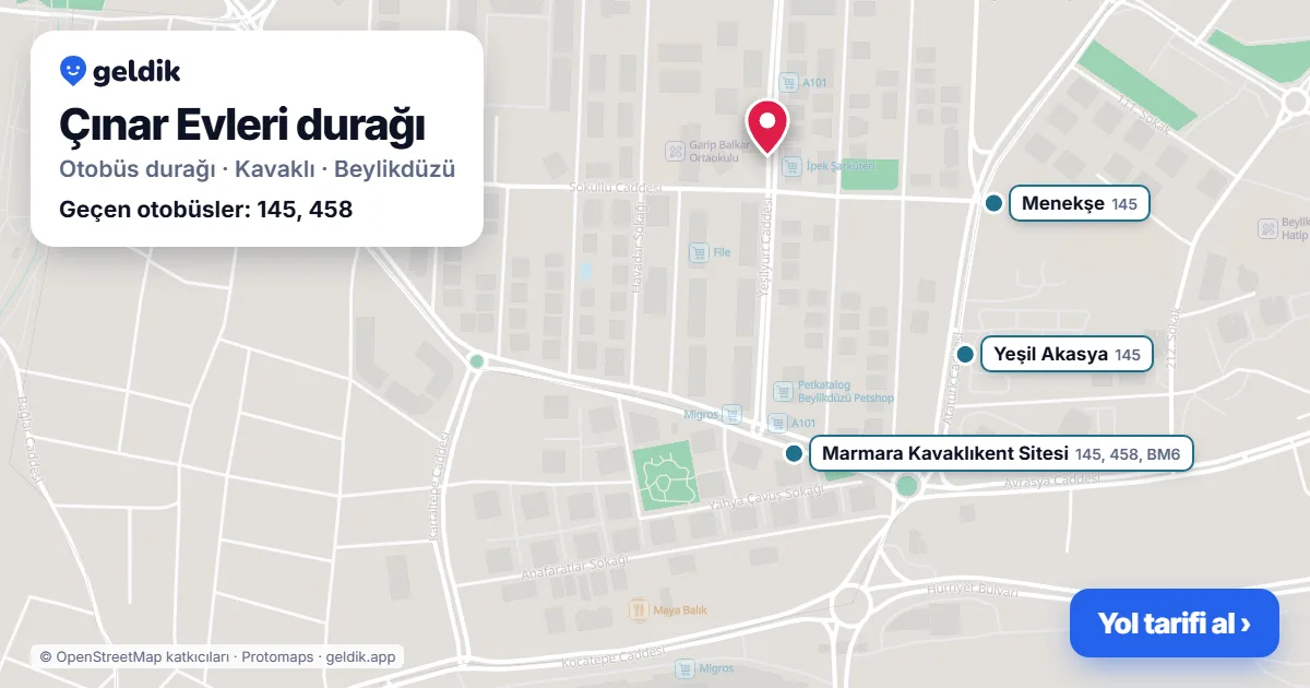 Çınar Evleri otobüs durağı haritada: konumu ve yakındaki duraklar
