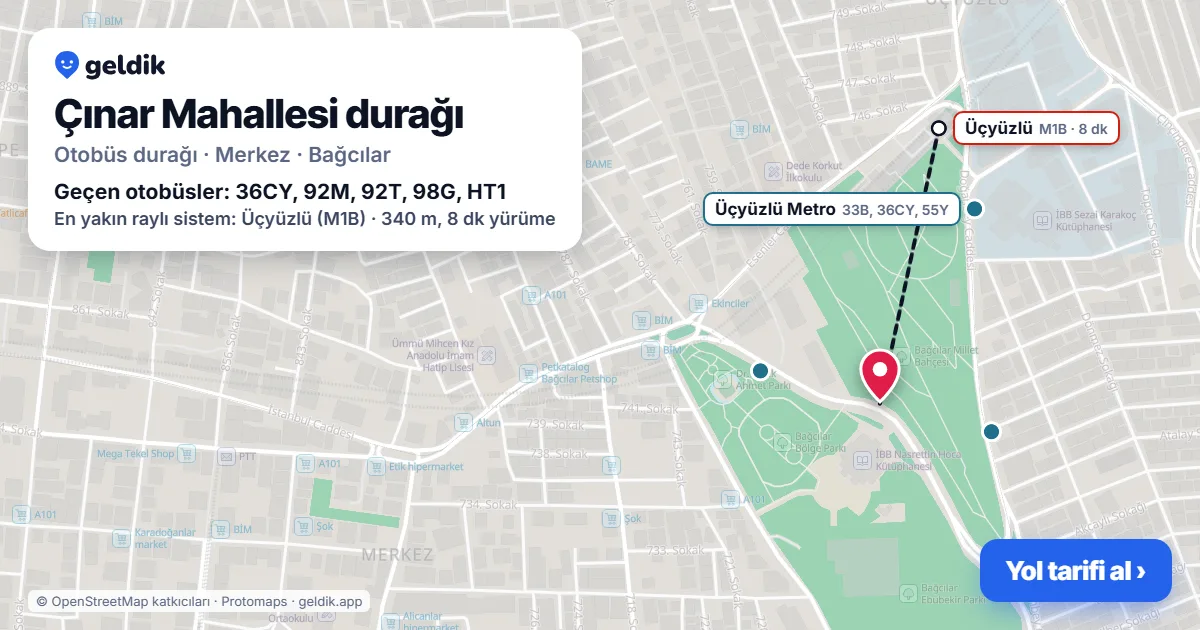 Çınar Mahallesi otobüs durağı haritada: konumu ve yakındaki duraklar