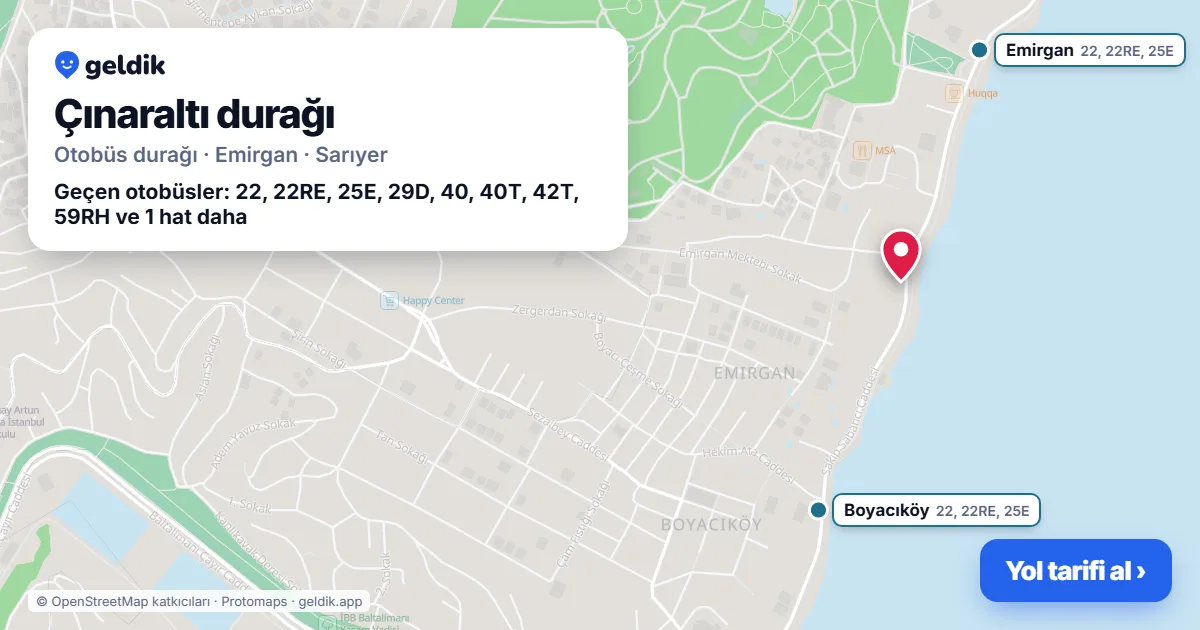 Çınaraltı otobüs durağı haritada: konumu ve yakındaki duraklar
