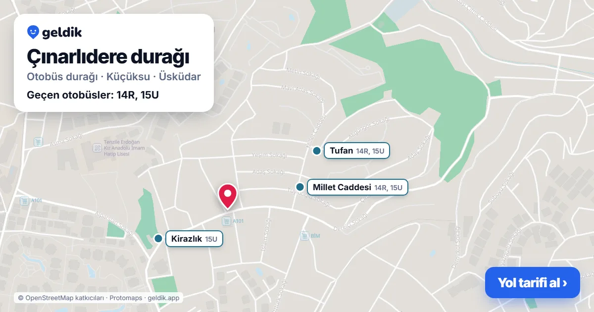 Çınarlıdere otobüs durağı haritada: konumu ve yakındaki duraklar