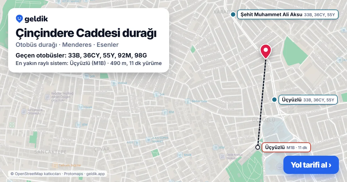 Çinçindere Caddesi otobüs durağı haritada: konumu ve yakındaki duraklar