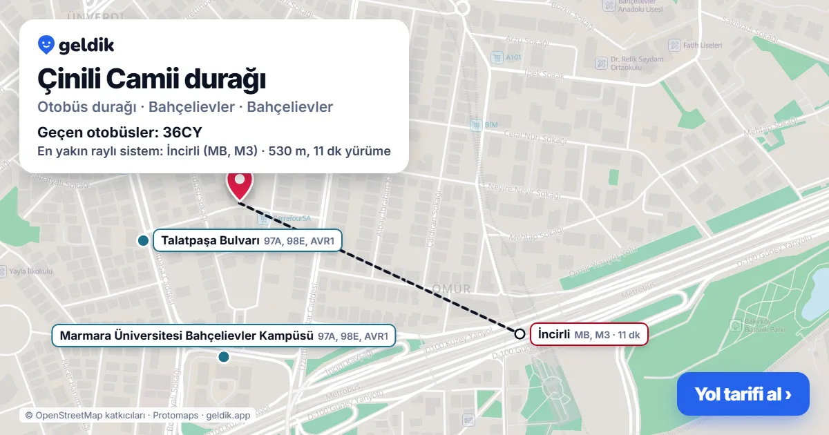 Çinili Camii otobüs durağı haritada: konumu ve yakındaki duraklar