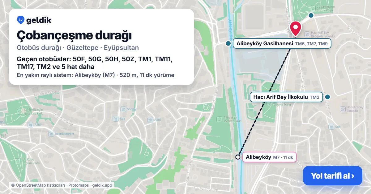 Çobançeşme otobüs durağı haritada: konumu ve yakındaki duraklar