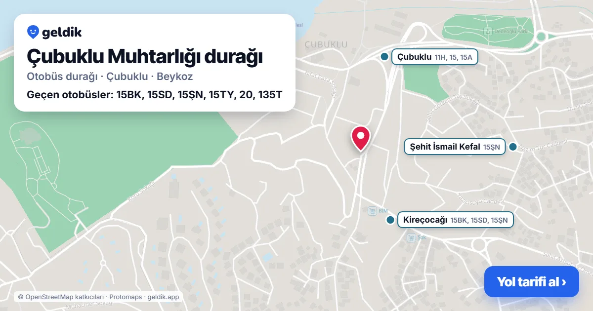 Çubuklu Muhtarlığı otobüs durağı haritada: konumu ve yakındaki duraklar