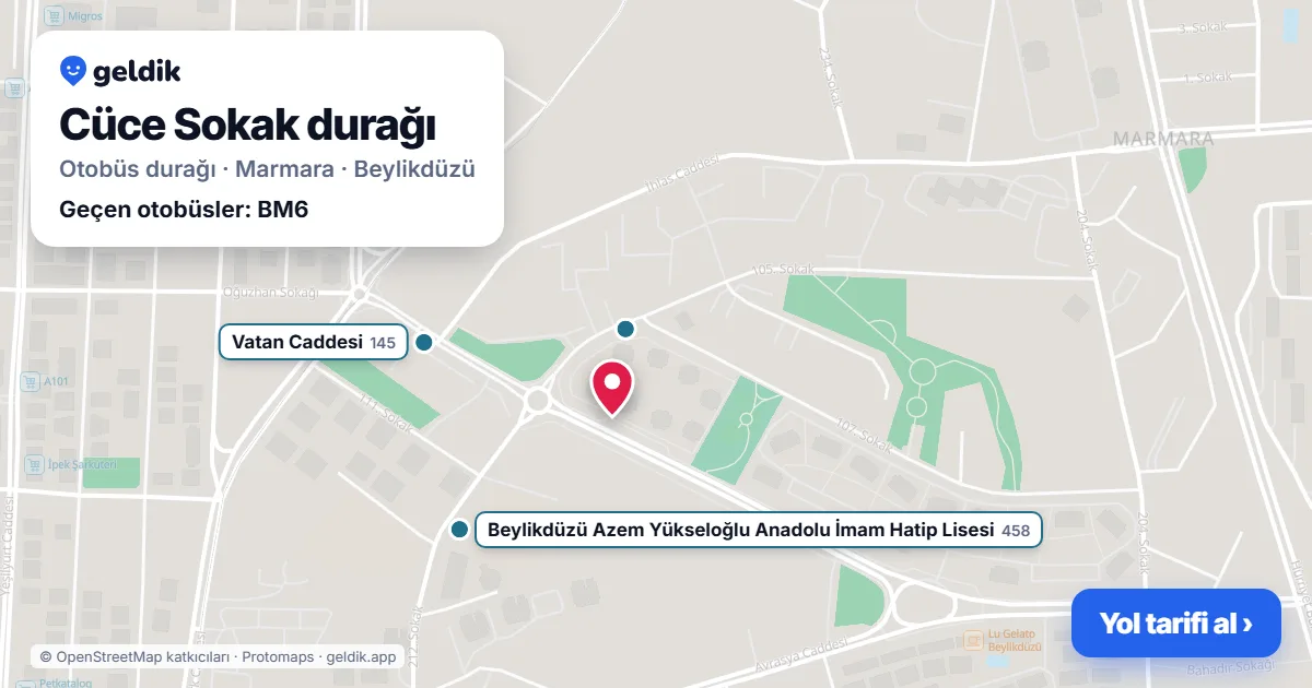 Cüce Sokak otobüs durağı haritada: konumu ve yakındaki duraklar
