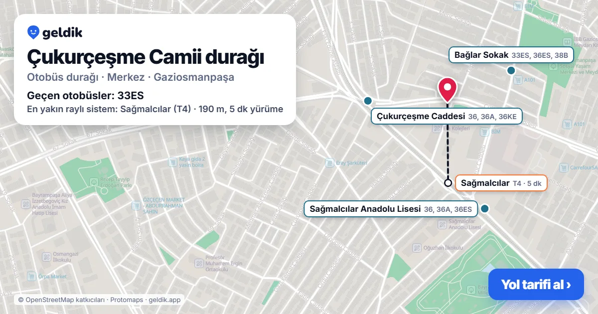 Çukurçeşme Camii otobüs durağı haritada: konumu ve yakındaki duraklar