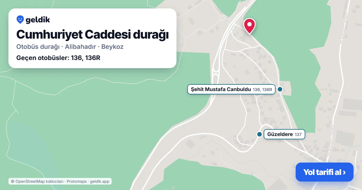 Cumhuriyet Caddesi otobüs durağı haritada: konumu ve yakındaki duraklar