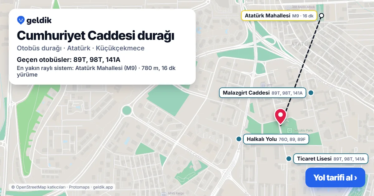 Cumhuriyet Caddesi otobüs durağı haritada: konumu ve yakındaki duraklar
