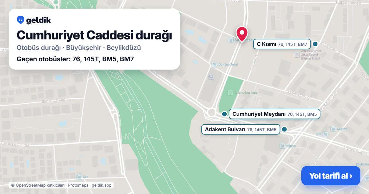Cumhuriyet Caddesi otobüs durağı haritada: konumu ve yakındaki duraklar