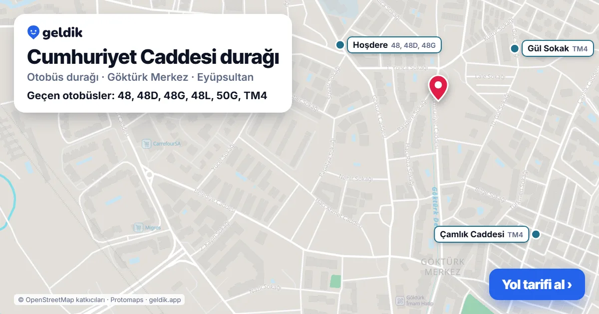 Cumhuriyet Caddesi otobüs durağı haritada: konumu ve yakındaki duraklar
