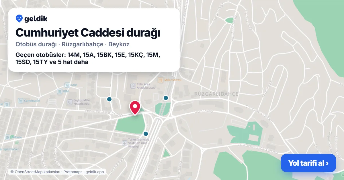 Cumhuriyet Caddesi otobüs durağı haritada: konumu ve yakındaki duraklar