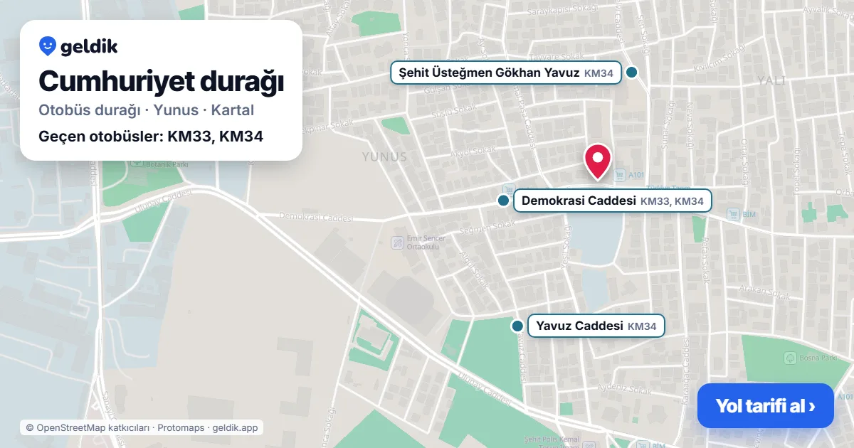 Cumhuriyet otobüs durağı haritada: konumu ve yakındaki duraklar