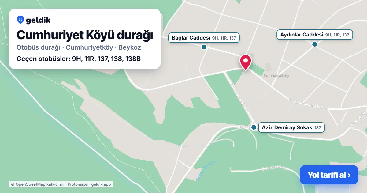 Cumhuriyet Köyü otobüs durağı haritada: konumu ve yakındaki duraklar