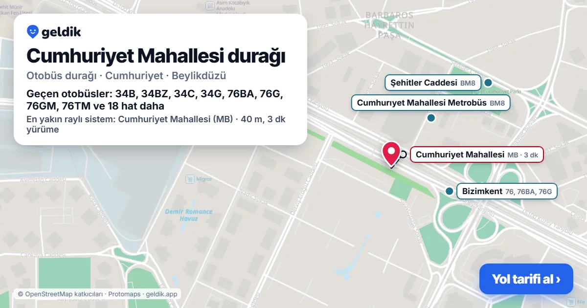 Cumhuriyet Mahallesi otobüs durağı haritada: konumu ve yakındaki duraklar